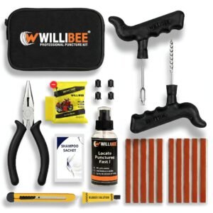 WILLIBEE 11-in-1 (Pack of 10 Strips) Tubeless Tyre Puncture Repair Kit for Car & Bike | Heavy-Duty Puncher Kit (Includes Storage Bag)