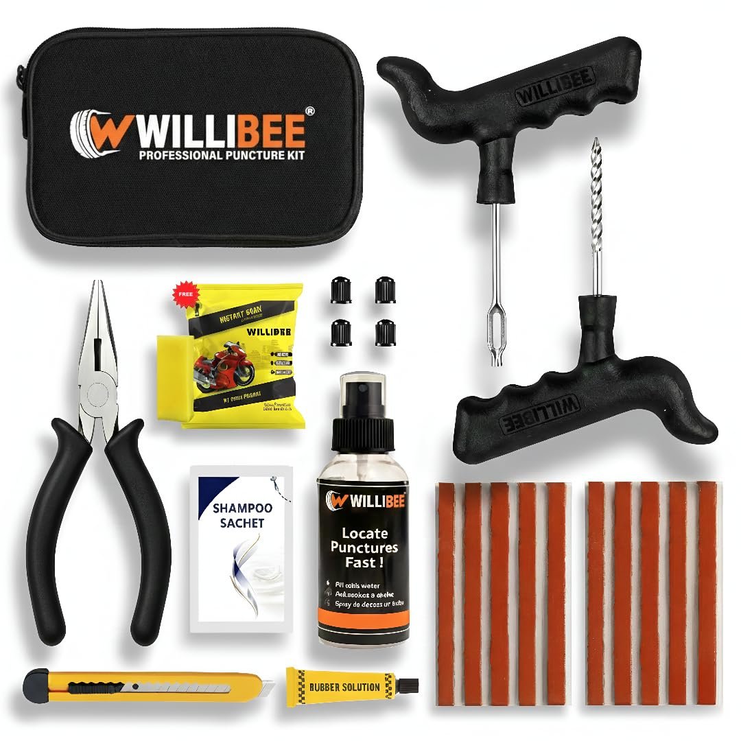 WILLIBEE 11-in-1 (Pack of 10 Strips) Tubeless Tyre Puncture Repair Kit for Car & Bike | Heavy-Duty Puncher Kit (Includes Storage Bag)