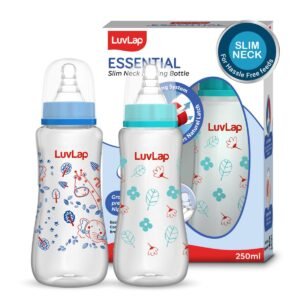 LuvLap Anti-Colic Slim/Regular Neck Essential Baby Plastic Feeding Bottle, 250Ml (Pack of 2), New Born/Infants/Toddler Upto 3 Years, Jungle Tales & Wild Flowers, BPA Free,Blue