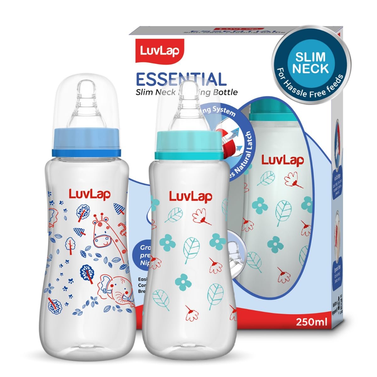 LuvLap Anti-Colic Slim/Regular Neck Essential Baby Plastic Feeding Bottle, 250Ml (Pack of 2), New Born/Infants/Toddler Upto 3 Years, Jungle Tales & Wild Flowers, BPA Free,Blue