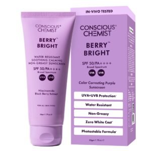Conscious Chemist® Berry Bright Sunscreen SPF 50 PA++++ 50g | In-Vivo Tested Face Sunscreen | Lightweight Gel Formula | Niacinamide & Blackberry Extract | Hybrid Broad Spectrum UVA & UVB Protection | Non-Greasy, No White Cast | Water Resistant | For Oily, Combination & All Skin Types