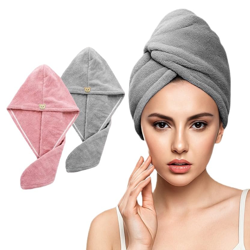 Fezora Hair Towel Wrap for Women (Pack of 2) | Quick-Dry Microfiber Hair Turban with Elastic Loop | Super Absorbent Hair Drying Towel for Ladies & Girls (Grey & Orange)