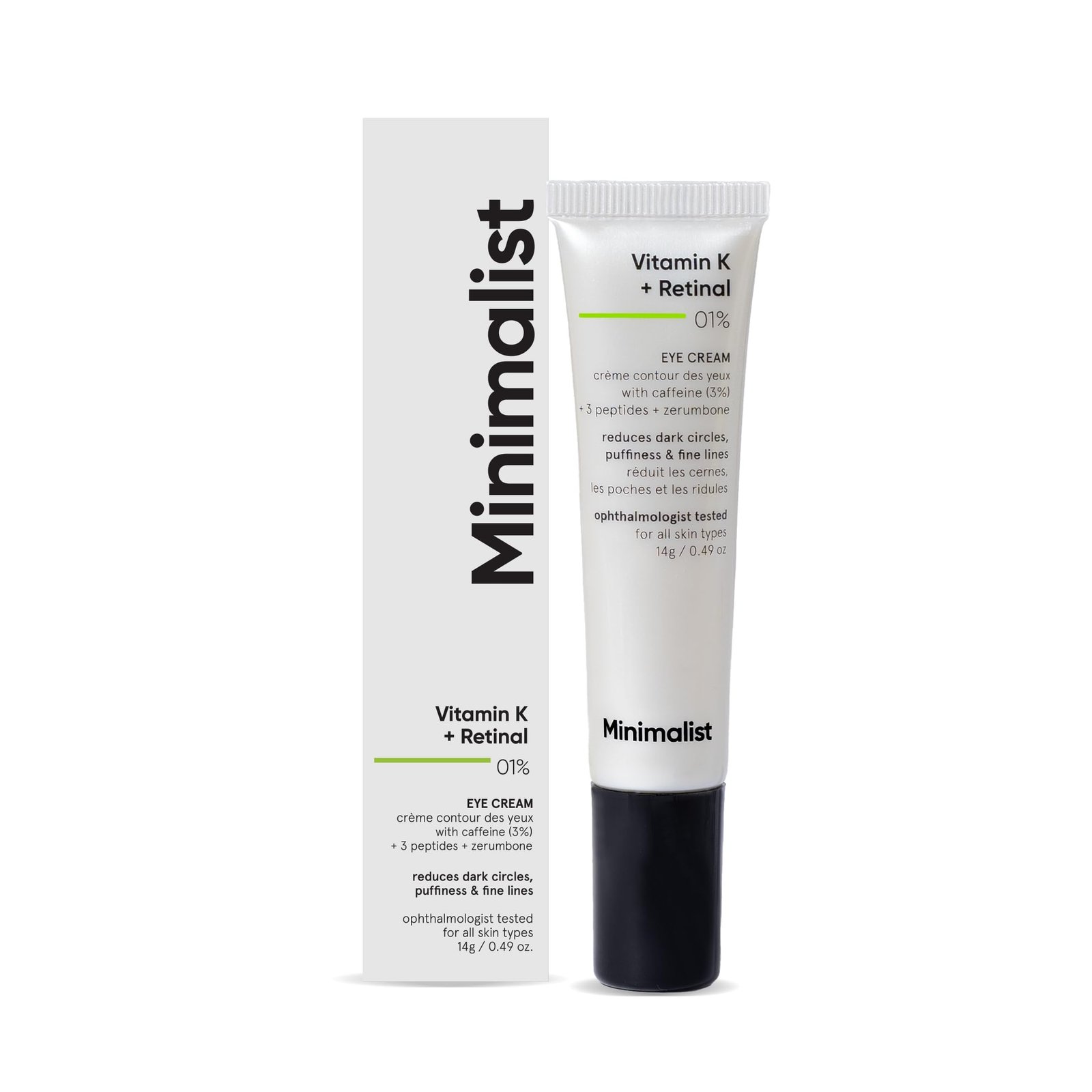 Minimalist Vitamin K + Retinal 01% Under Eye Cream | Reduces Dark Circles, Wrinkles & Fine Lines | With Caffeine for Puffiness | For Women & Men | 14 gm