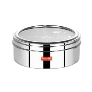 Sumeet Stainless Steel Round Masala (Spice) BoxOrganiser with See Through Lid With 7 Containers and Small Spoon Size 12 (2Ltr) (20.5cm), Silver