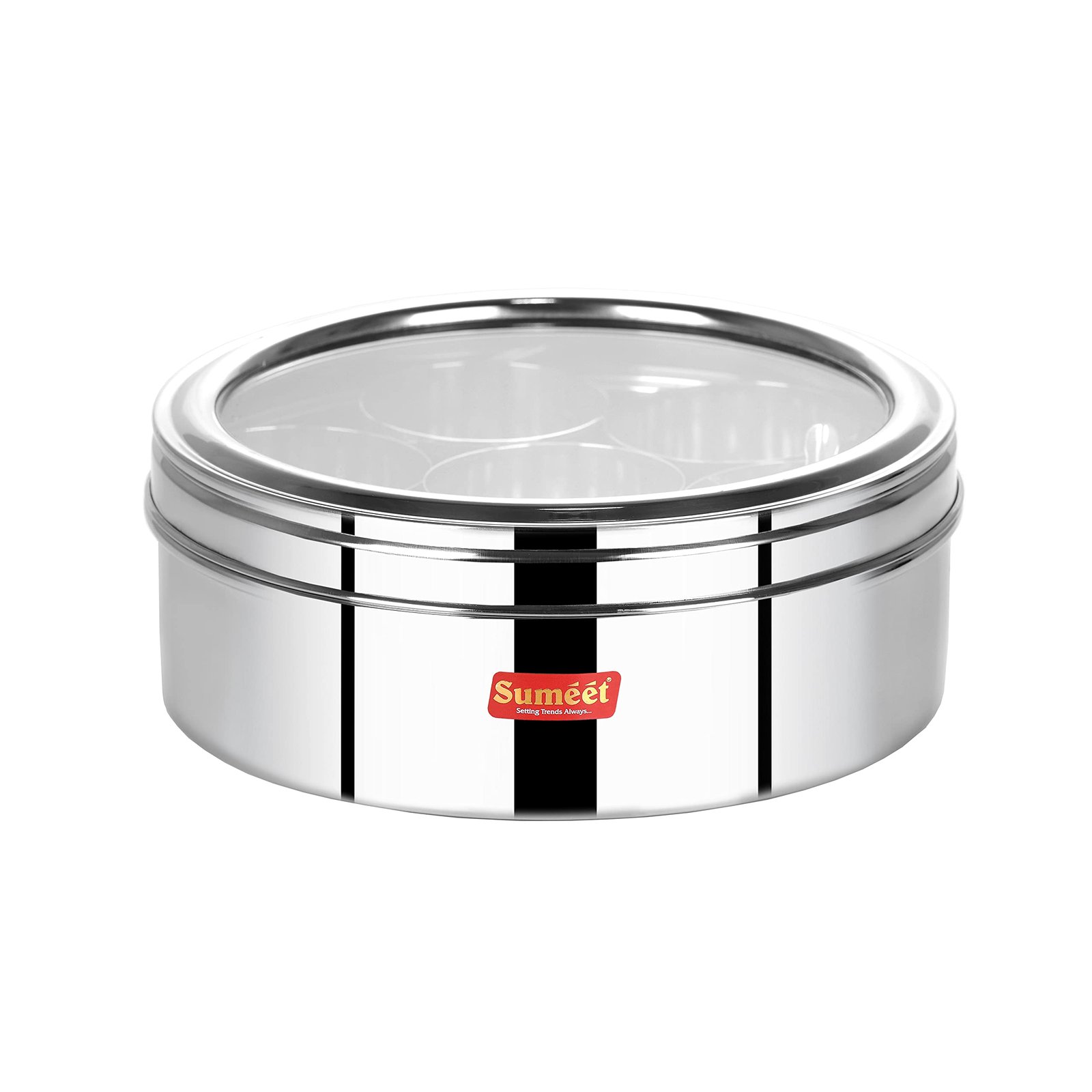Sumeet Stainless Steel Round Masala (Spice) BoxOrganiser with See Through Lid With 7 Containers and Small Spoon Size 12 (2Ltr) (20.5cm), Silver