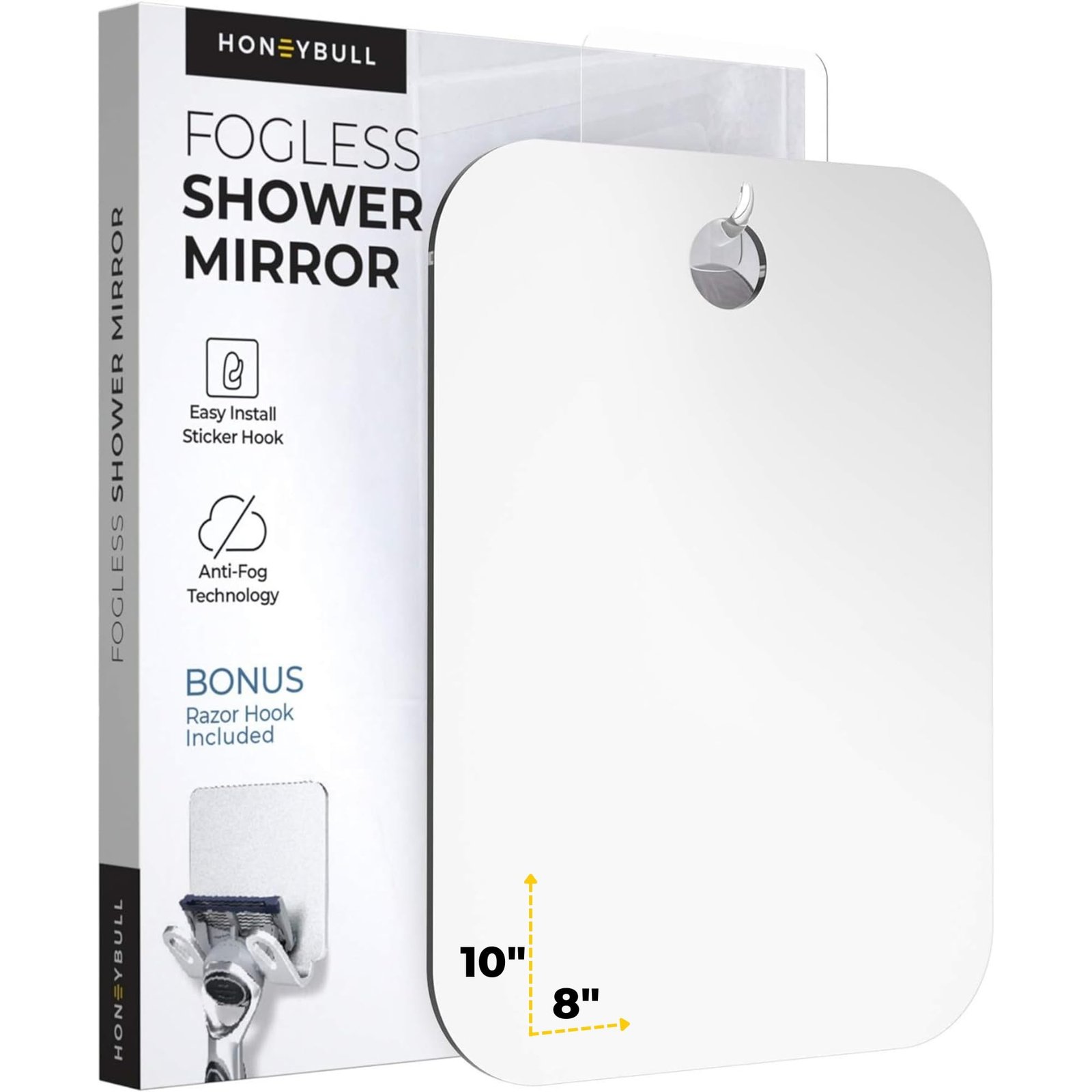 HONEYBULL Shower Mirror | Fogless with Razor Hook (Large 8×10)