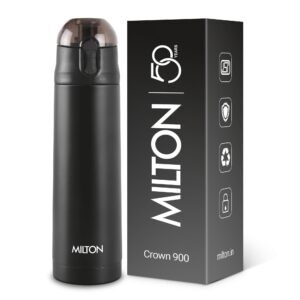 Milton New Crown 900 Thermosteel Water Bottle 750 ml with One Touch Safety Lock, 24 Hours Hot and Cold, Leak Proof Lid, ISI Certified I Vacuum Insulated I for Office, Gym, School I Black