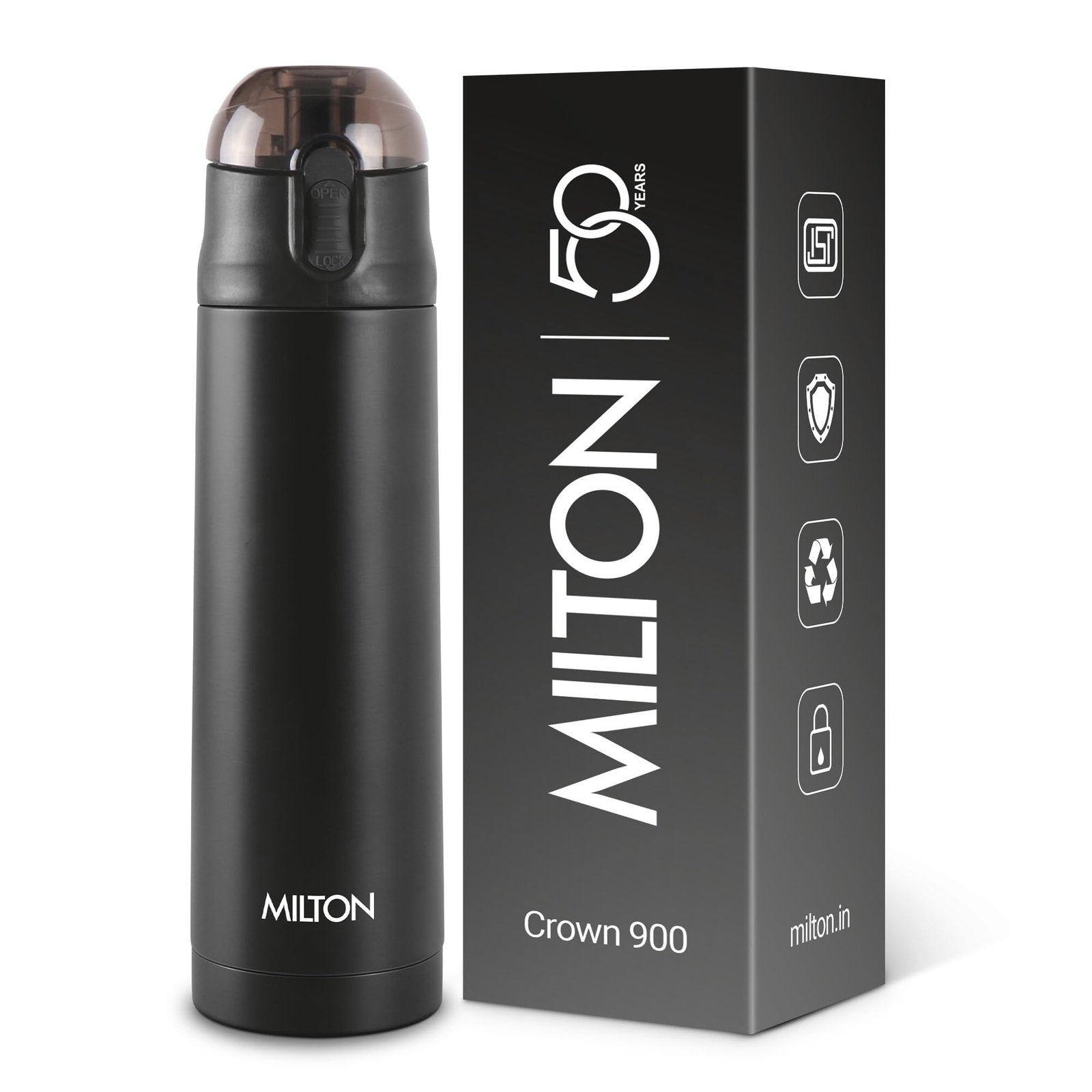 Milton New Crown 900 Thermosteel Water Bottle 750 ml with One Touch Safety Lock, 24 Hours Hot and Cold, Leak Proof Lid, ISI Certified I Vacuum Insulated I for Office, Gym, School I Black