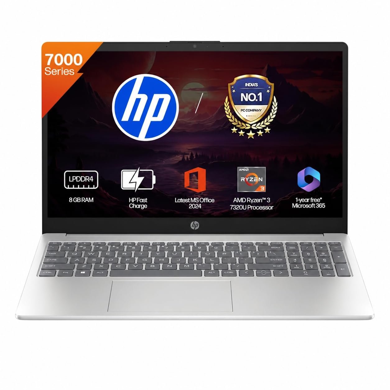 HP 15, AMD Ryzen 3 7320U (8GB LPDDR4, 512GB SSD) FHD, Micro-Edge, 15.6″/39.6cm, Win 11, M365 Basic(1yr), Office24, Silver, 1.59kg, fc0499AU, AMD Radeon Graphics, 1080p FHD Camera Laptop