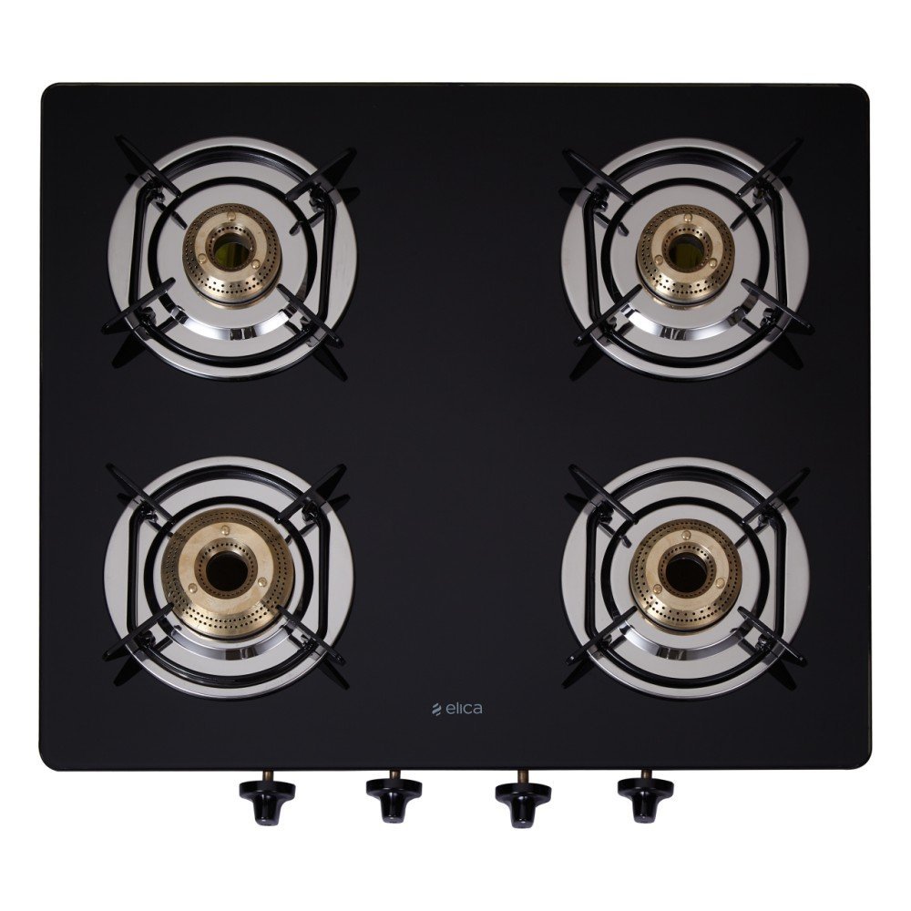 Elica Vetro Glass Top 4 Burner Gas Stove with Double Drip Tray (594 CT DT VETRO 1J), Black