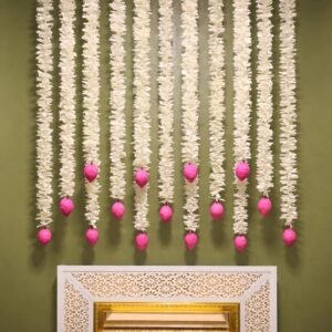 Artificial Flower Hanging Garland (7 Pcs, 140 cm) | Lotus Gajra for Mandir Decoration & Pooja Decor | Wall/Door Hanging Flowers for Home, Diwali, Ganpati & Festival Decoration (White & Pink)