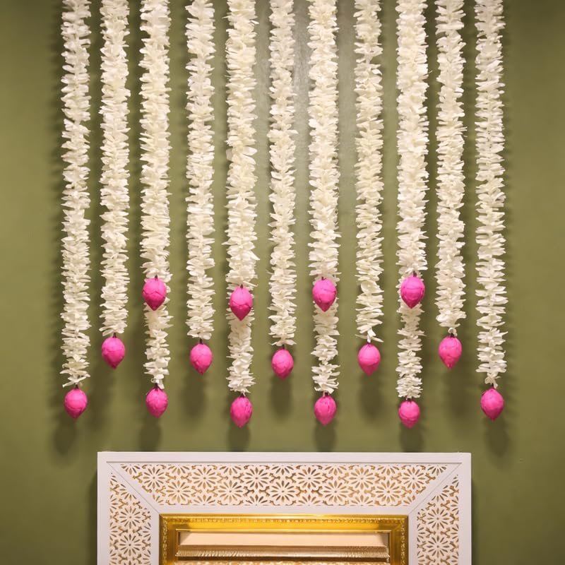 Artificial Flower Hanging Garland (7 Pcs, 140 cm) | Lotus Gajra for Mandir Decoration & Pooja Decor | Wall/Door Hanging Flowers for Home, Diwali, Ganpati & Festival Decoration (White & Pink)