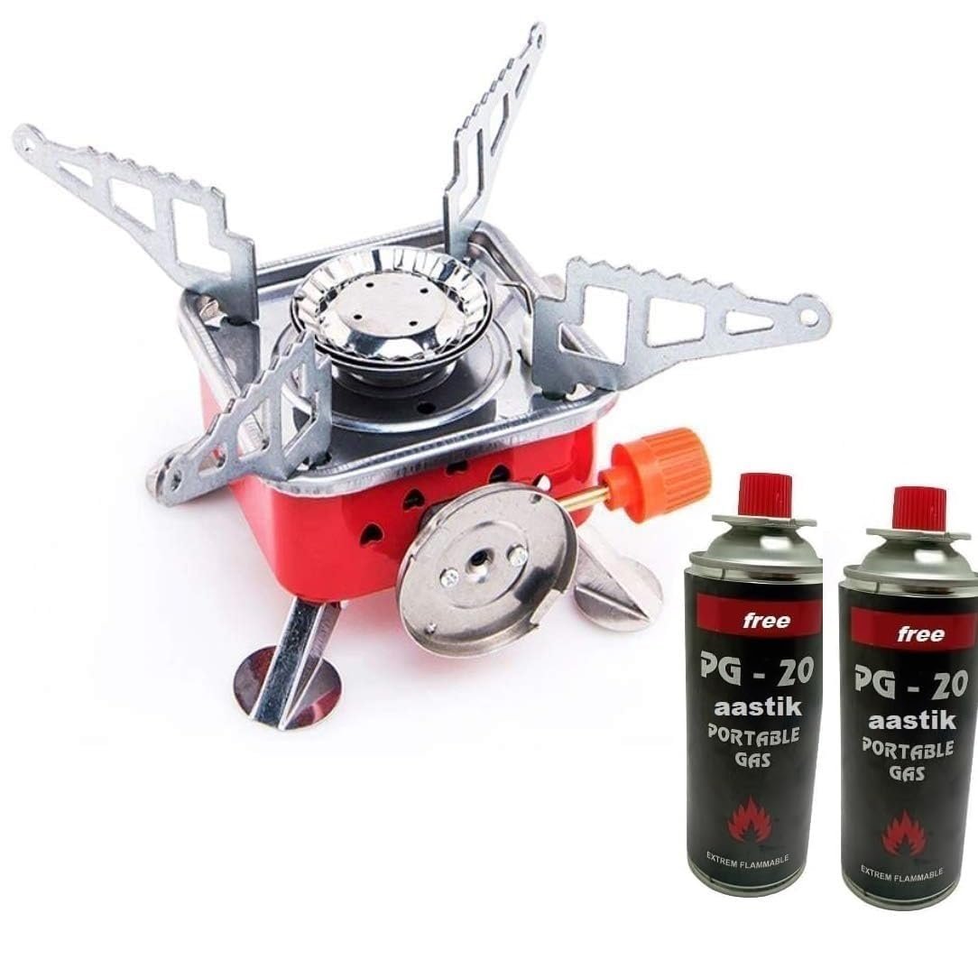 Portable Butane Gas Stove Combo Foldable Camping Cooking Burner for Outdoor Cooking, Trekking, Hiking, Picnic, Backpacking & Emergency Use | Compact Travel Stove (Gas stove+2 Refill)