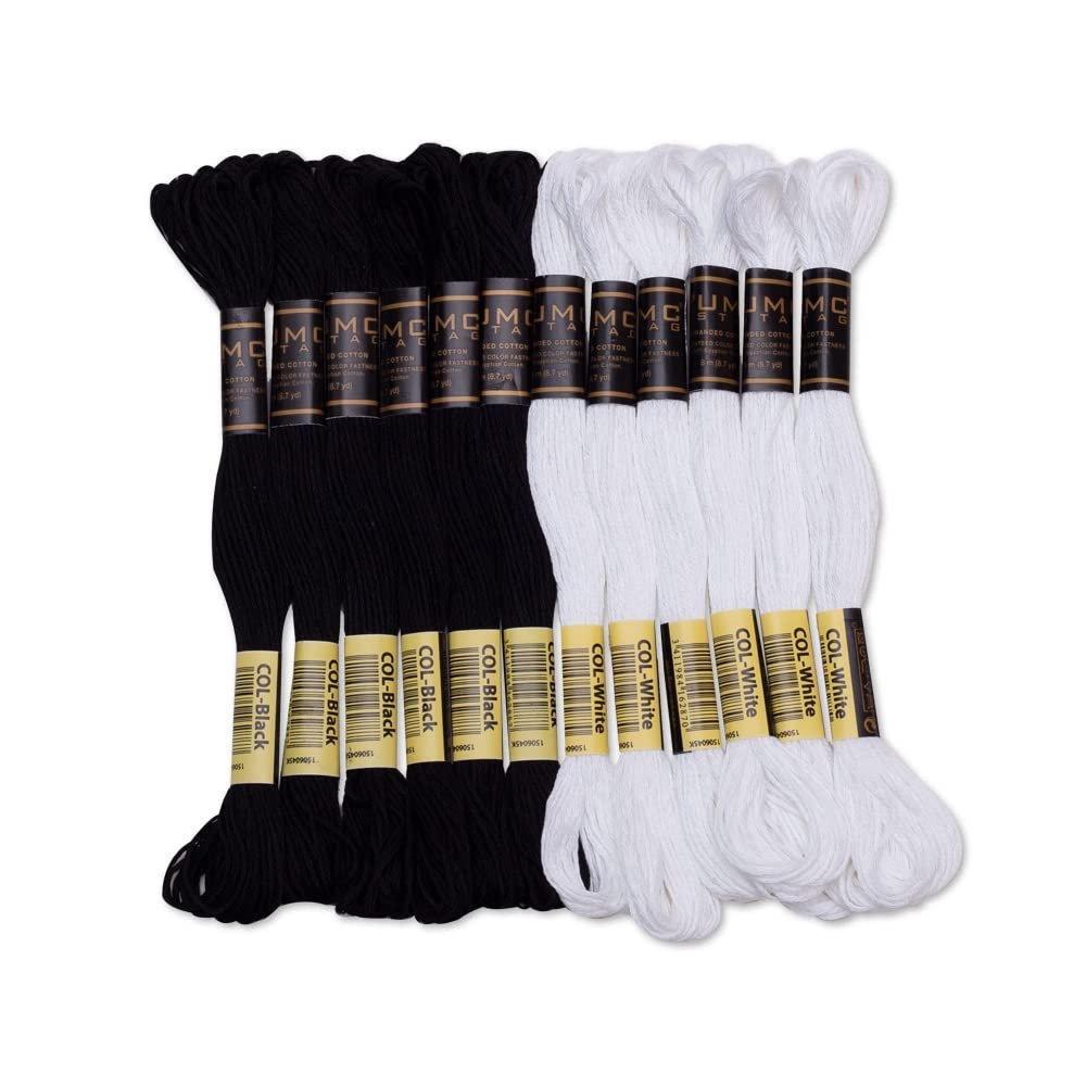 12 Pieces | Premium Embroidery Thread | 100% Egyptian Cotton Premium Skeins | Cross Stitch Embroidery Floss | Oeko TEX Certified Stranded Cotton (Black & White)