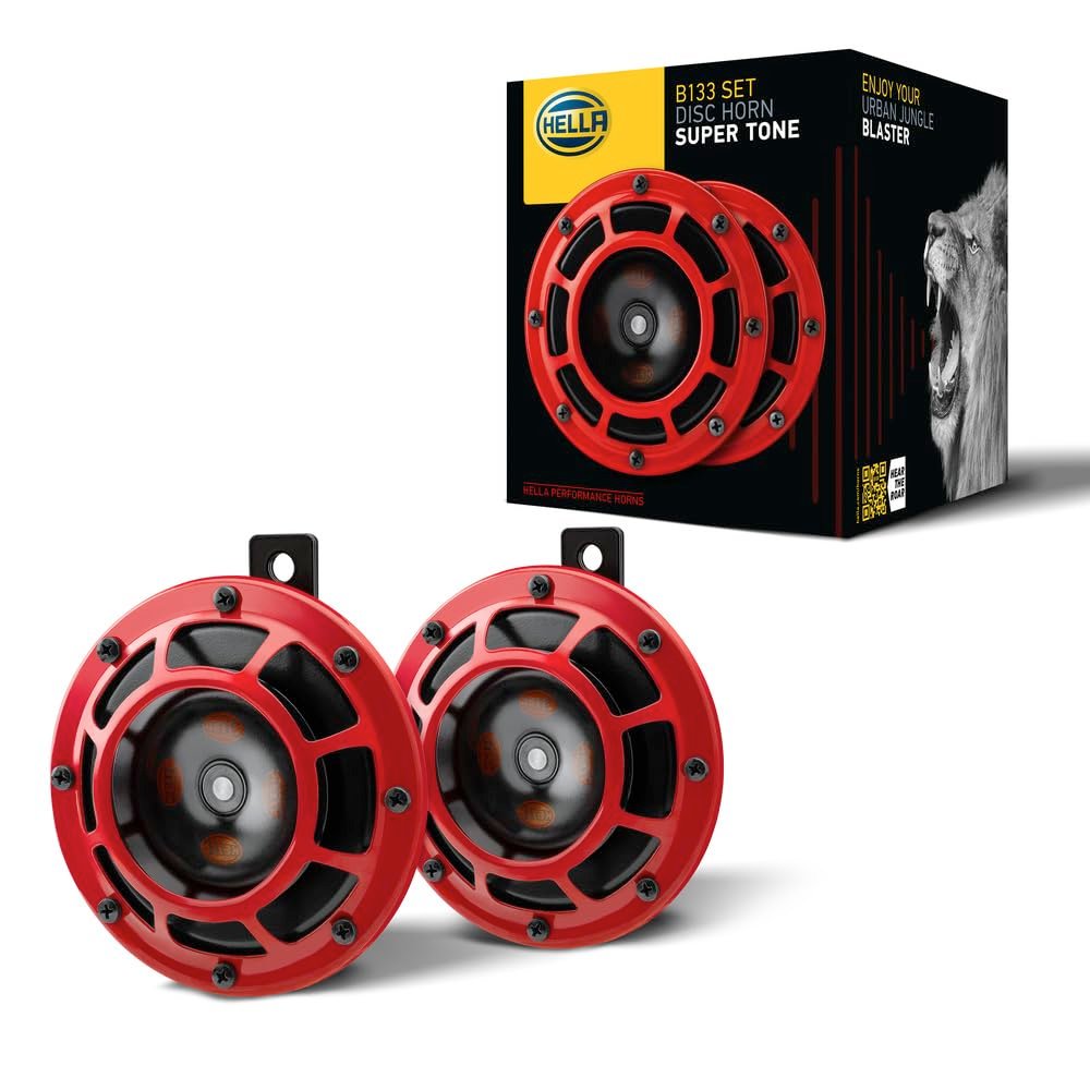 Hella 003.399-842 Red Grill Super tone Horn Set (12V,300/500 Hz,105-118 dB @ 2 m) | For Bikes and Cars | Red