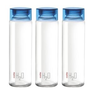 CELLO H2O Glass Water Bottle Set of 3 Pcs for Office & Daily Use 920 ml, Blue | Durable Freezable & Fridge Safe, Leakproof Wide Mouth Leadfree Toughened Glass Water Bottle For Kitchen & Travel