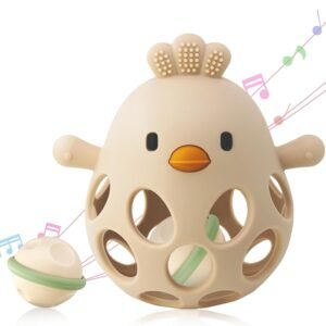 TOHIBEE Baby Teething Rattle Toy, Upgraded Easy Grasp Silicone Teething Rattle Ball Toy for Babies Over 3 Months, 100% Food Grade, Gift for Infant Boys and Girls 0-6-12 Months, (Rattle Beige)