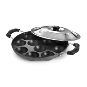 CELLO Aluminium Nonstick 12 Cavity Appam Patra Pan Maker with Steel Lid, Black | 2 Side Riveted Handle, Gas Stove Compatible Die-Cast Mini Uttappa Paniyarakkal Cup Cake Frying Pan Kadhai for Kitchen