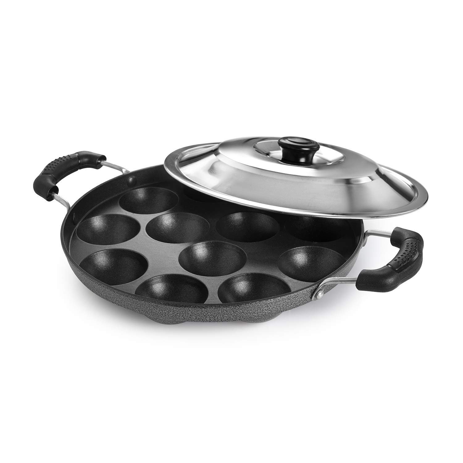 CELLO Aluminium Nonstick 12 Cavity Appam Patra Pan Maker with Steel Lid, Black | 2 Side Riveted Handle, Gas Stove Compatible Die-Cast Mini Uttappa Paniyarakkal Cup Cake Frying Pan Kadhai for Kitchen