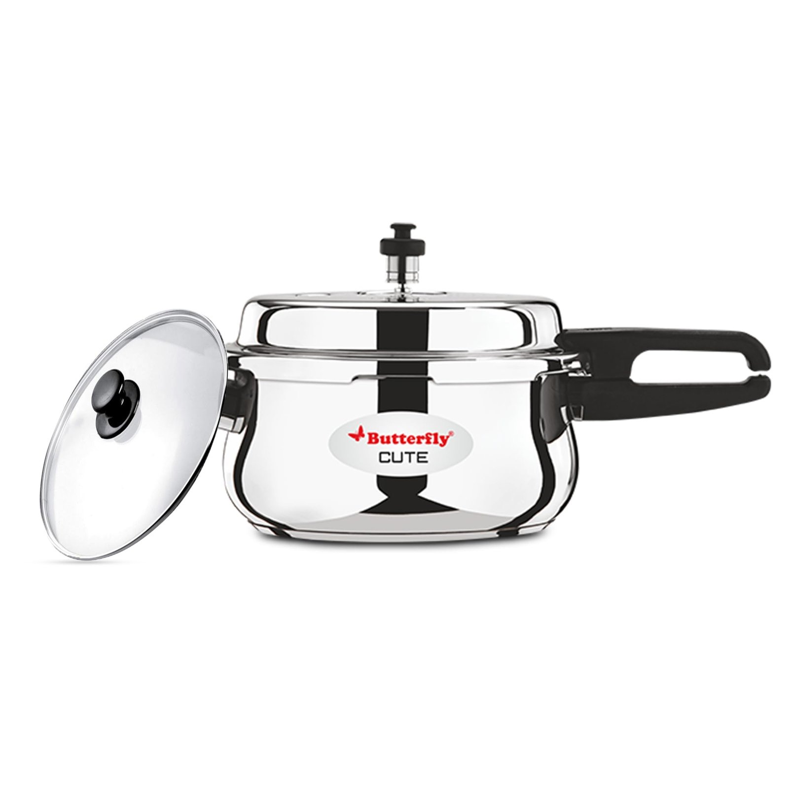 Butterfly Cute 2 Litres Stainless Steel Outer Lid Pressure Cooker with Glass Lid| TRIPLY Base | Induction & Gas Stove Compatible | Triple Safety | ISI Certified | 5 Years Manufacturer’s Warranty