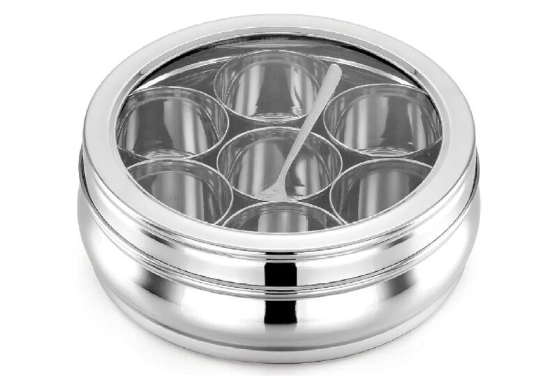 ATROCK Masala Dabba | Masala Box Stainless Steel For Kitchen | Masala Dani | Spice Storage Container (Glass Lid, 1200Ml), Silver