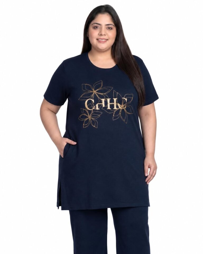 In Love Women Cotton Regular Fit Plus Size Long-Line Chest Print T-Shirt with Pocket