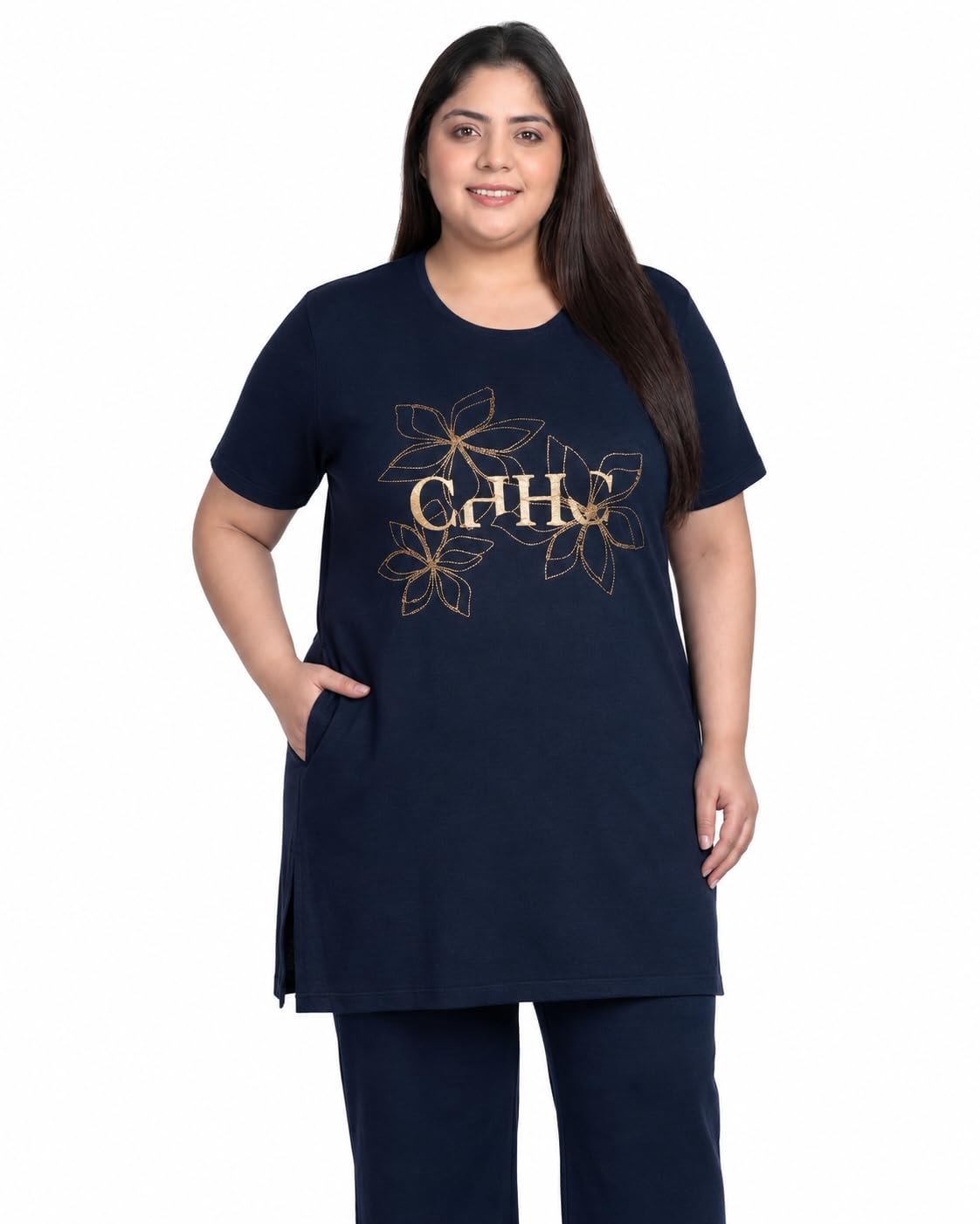 In Love Women Cotton Regular Fit Plus Size Long-Line Chest Print T-Shirt with Pocket
