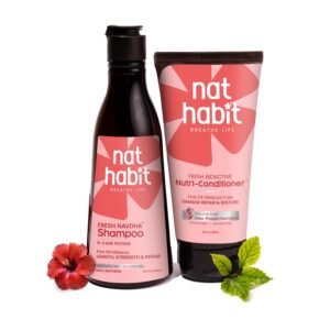 Nat Habit Hibiscus Navdha Shampoo & Conditioner Combo with Reetha, Amla & Castor for Women & Men Dry & Frizzy Hair | Hair Growth & Hair Fall, 72 Hr Frizz Control, Long & Shiny Hair | Sulphate-Free