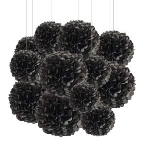 12pcs Black Paper Pom Poms Decorations for Party Ceiling Wall Hanging Tissue Flowers Decorations – 1 Color of 12 Inch, 10 Inch