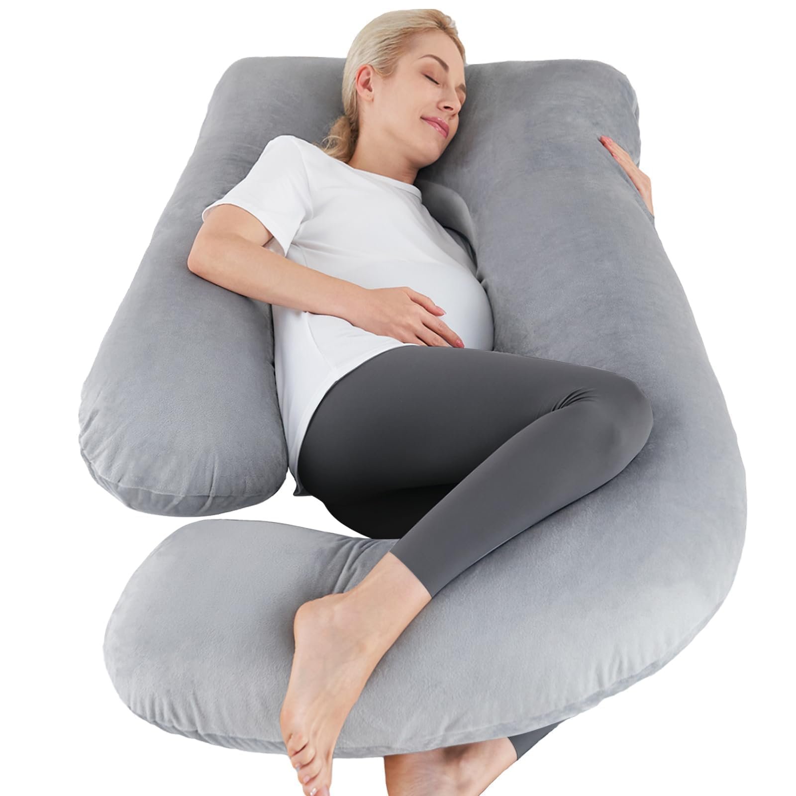 Sasttie Pregnancy Pillows for Sleeping, U Shaped Full Body Pillow for Side Sleepers, Maternity Pillow for Pregnant Women with Removable Velvet Cover, Pregnancy Must Haves, Grey