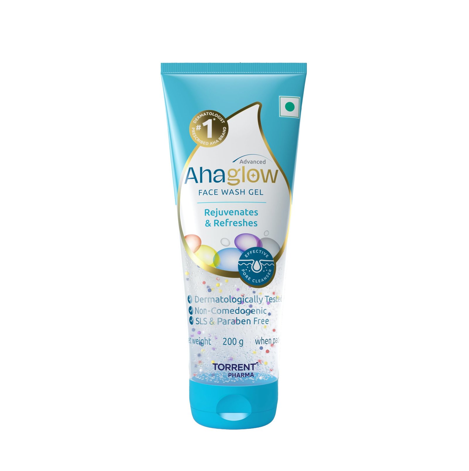 Ahaglow Advanced Face Wash Gel 200g with AHA(1% Glycolic Acid) Glow Bombs| Jojoba & Tea Tree Oil | Allantoin, Vitamin E & Oak bark Extract | No.1 Dermatologist Prescribed AHA Brand – By Torrent Pharma