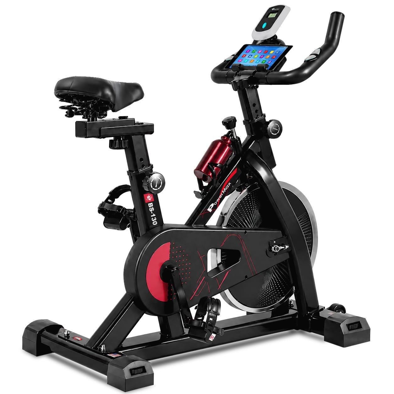 PowerMax Fitness BS-130 Spin Exercise Bike [8Kg Flywheel, Max User Weight 130kg, LCD Display, 3pc Crank, Bottle Holder, Anti-slip Pedals and Comfortable Seat] 1 Year Manufacturer Warranty, Black