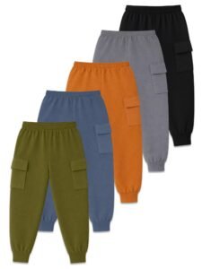 Kuchipoo Boys Solid Cargo Jogger Pants with Side Flap Pockets & Ribbed Cuffs | Comfortable Casual Track Pants | Pack of 5
