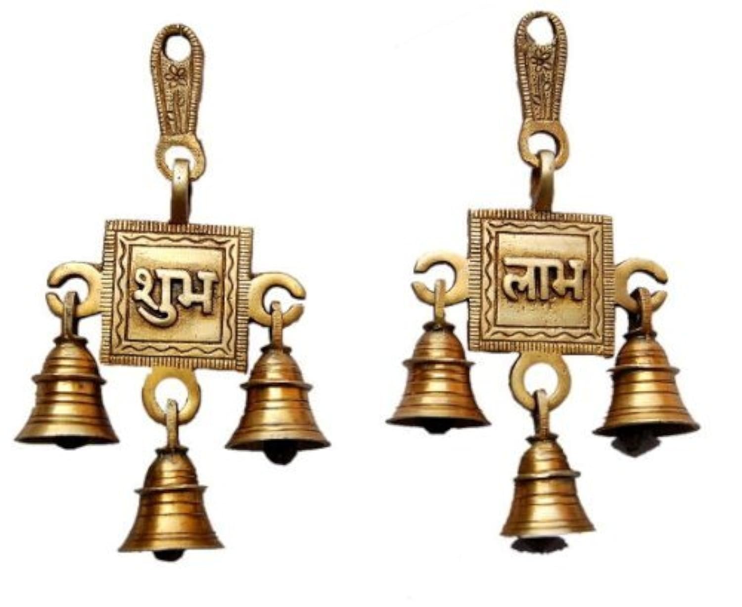 Two Moustaches Brass Shubh Labh Door Hanging Bells Set, Hanging Bells for Home Decor, Wall Decor, Pure Brass Bells for Pooja, Hanging Decorative Bells, Temple Bells, Pack of 2