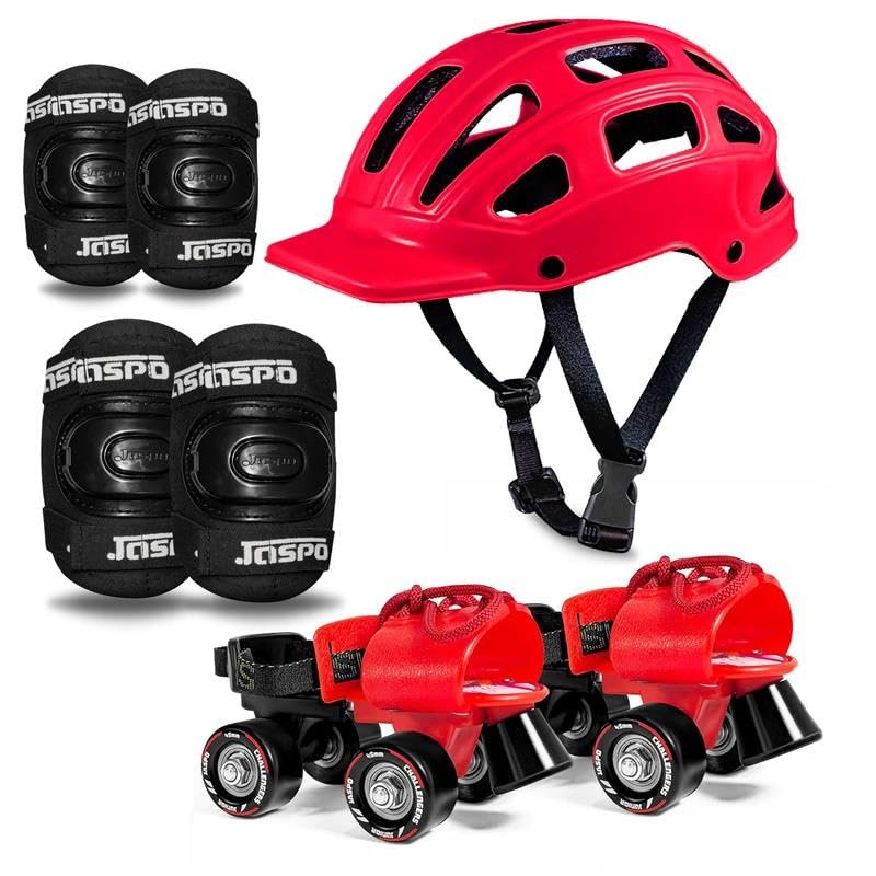 Jaspo Junior Marshal Trainers Adjustable Roller Skates Combo (Skates + Helmet + Knee & Elbow Guards) – Upto 5 Years | Academy & School Level Skating (Junior-Red)