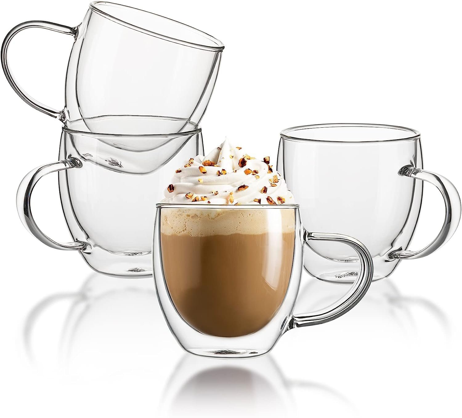 Sweese Jelvi 4611 Glass Coffee Mugs – Double Wall Insulated Glass Coffee Tea Cup Set with Handle, Perfect for Espresso, Latte, Cappuccino, 8 Oz, Set of 4, 250 Ml