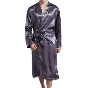Lu’s Chic Men’ Satin Kimono Robe Silk Classic Long Bathrobe Pockets Lighweight Loungewear Grey XX-Large