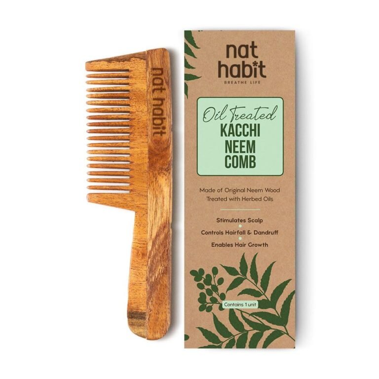Nat Habit Kacchi Neem Wooden Comb, Soaked In 13 Herbs Neem & Sesame Oil For Multi-Actions – Detangling, Frizz Control & Shine, Suited for All Hair Types (Fine Tooth)