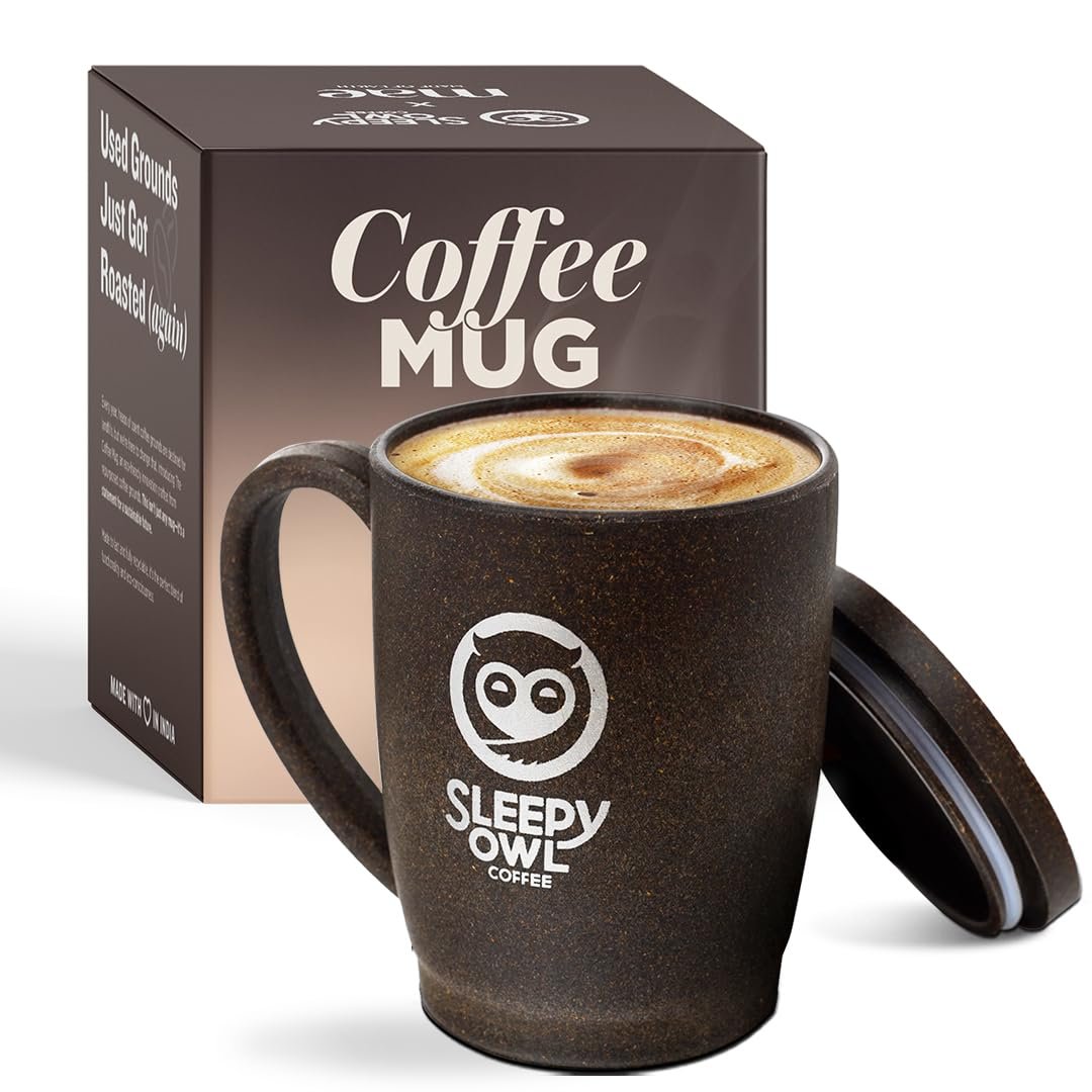 Sleepy Owl Coffee Mug with Lid | Crafted from Used Coffee Grounds | Eco-Friendly & Sustainable Cup | Microwave Safe | Spill Proof | Travel Friendly | Office | Home | Premium Gift | 300ml 1 Piece