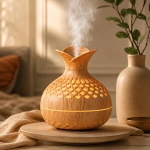 Aroma Diffuser with Wooden Finish, Ultrasonic Essential Oil Diffuser & Humidifier, LED Night Light, Quiet Air Freshener for Home Bedroom Office Spa