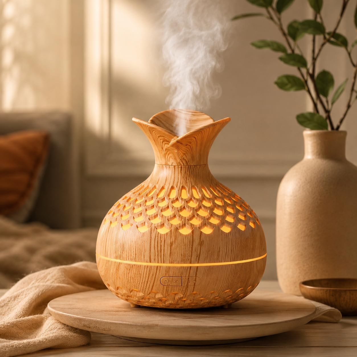 Aroma Diffuser with Wooden Finish, Ultrasonic Essential Oil Diffuser & Humidifier, LED Night Light, Quiet Air Freshener for Home Bedroom Office Spa