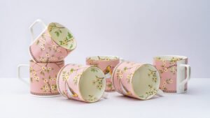 GOLDEN QUEEN’S Handcrafted Tea Cups – Set of 6 | Ideal for Everyday Tea and Coffee, Enhancing Your Daily Rituals – Pink Birdie, Bone China, 200 ML