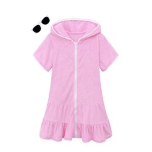 Girls Swim Cover Up Kids Swimsuit Coverup Terry Zip-Up Beach Bathing Suit Wraps with Sunglasses