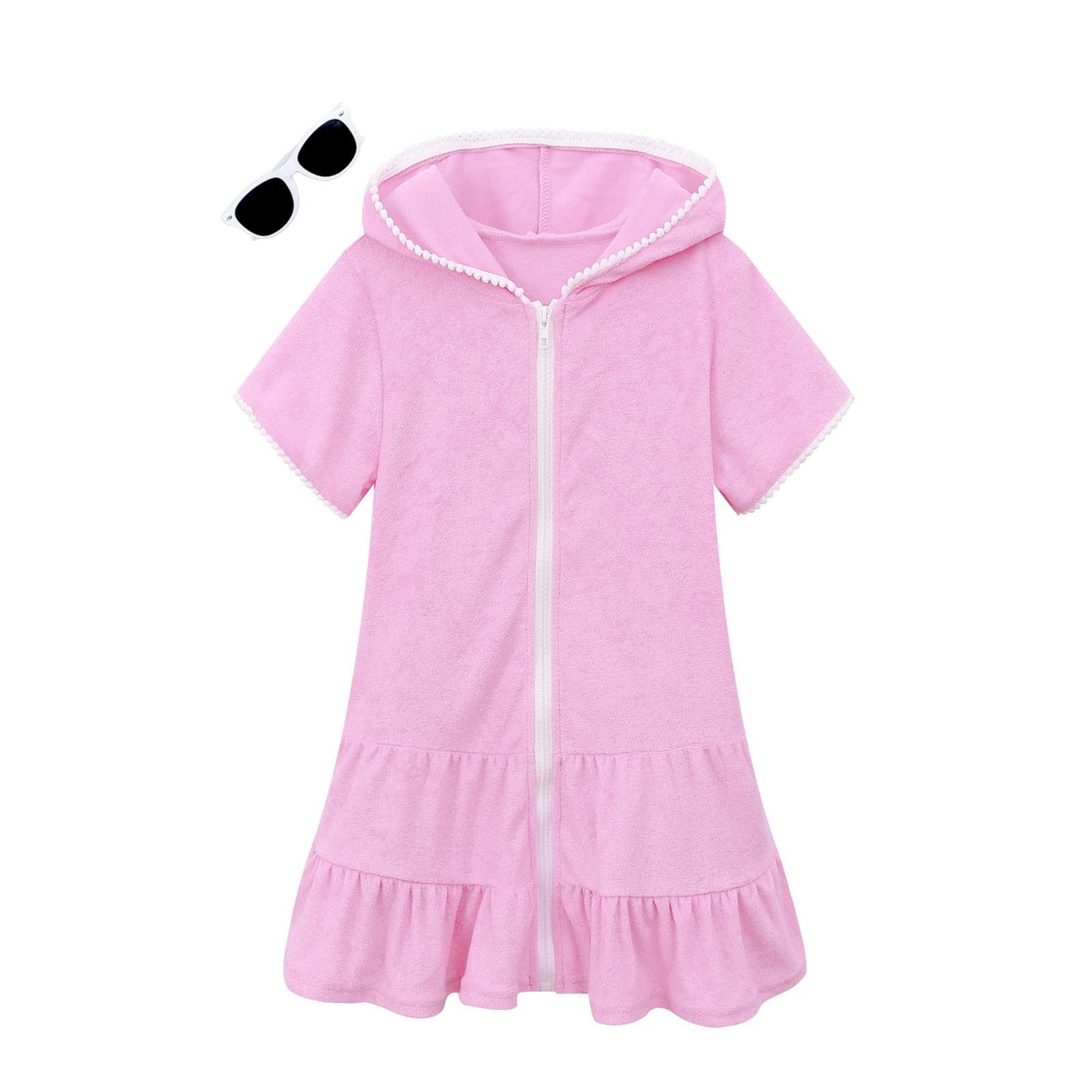 Girls Swim Cover Up Kids Swimsuit Coverup Terry Zip-Up Beach Bathing Suit Wraps with Sunglasses