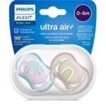 Philips Avent Ultra Air Soother – 2 x Light, Breathable Baby Soothers for Babies Aged 0‑6 Months, BPA-Free with Steriliser Carry Case (SCF085/59)