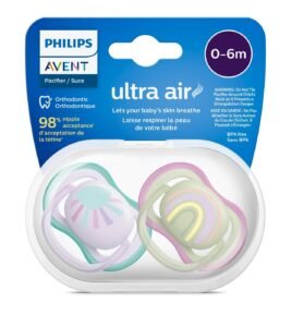 Philips Avent Ultra Air Soother – 2 x Light, Breathable Baby Soothers for Babies Aged 0‑6 Months, BPA-Free with Steriliser Carry Case (SCF085/59)