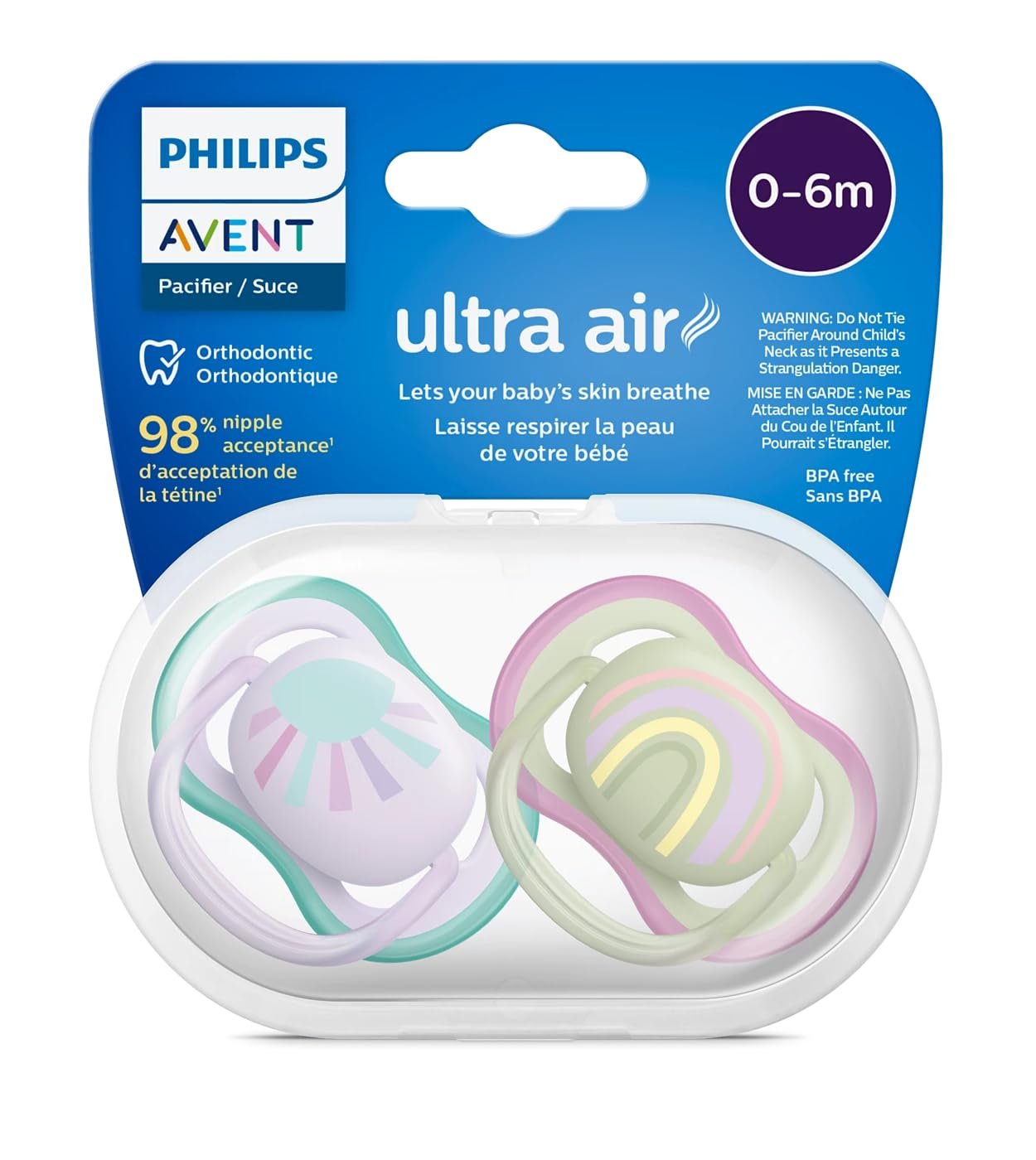 Philips Avent Ultra Air Soother – 2 x Light, Breathable Baby Soothers for Babies Aged 0‑6 Months, BPA-Free with Steriliser Carry Case (SCF085/59)