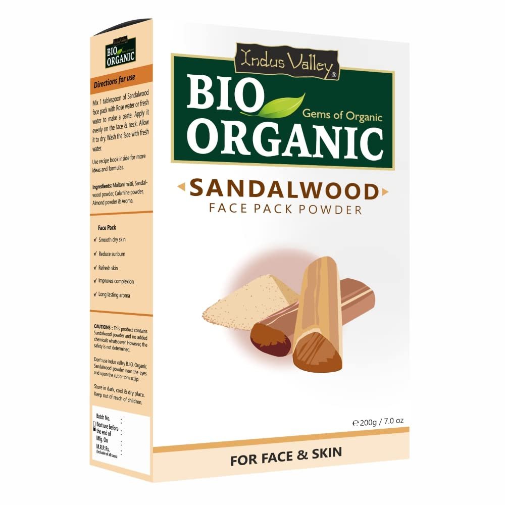 Indus Valley Bio Organic Sandalwood Face Pack Powder Lightens Suntan, Dark Spots & Pigmentation Prevents Acne Breakouts Enriched with Chandan Powder for Glowing Skin & Tan Removal (200g)