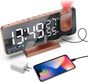 Projection Digital Alarm Clock for Bedrooms, Radio Alarm Clock on Ceiling, USB Charger Port, Temperature & Humidity Display, 7.3” Large Mirror LED Display,12/24H,Snooze,Dual Loud Alarm Clock- 4 Dimmer