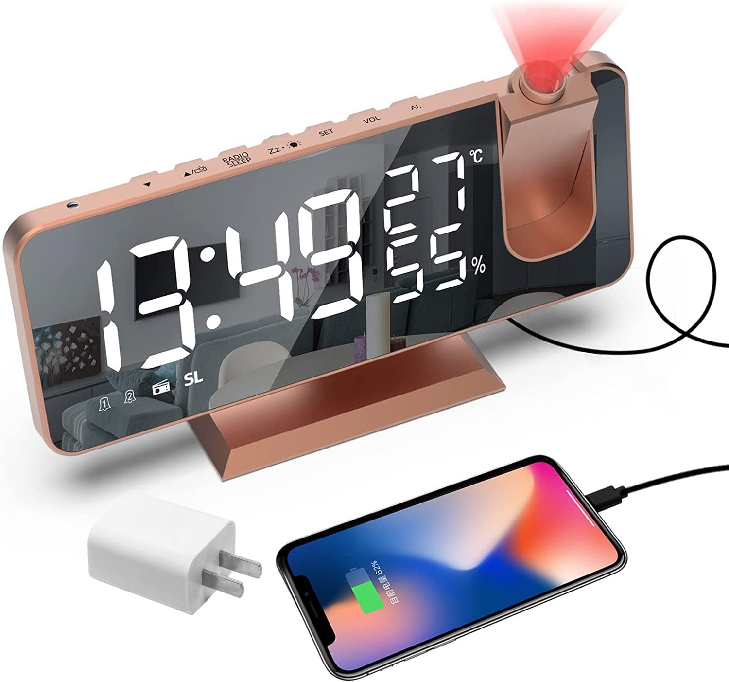Projection Digital Alarm Clock for Bedrooms, Radio Alarm Clock on Ceiling, USB Charger Port, Temperature & Humidity Display, 7.3” Large Mirror LED Display,12/24H,Snooze,Dual Loud Alarm Clock- 4 Dimmer